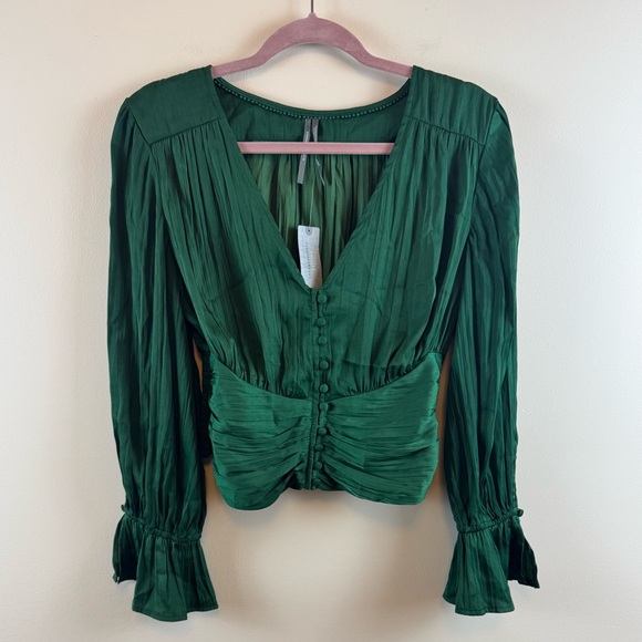 Anthropologie Emerald Green Satin Puff Sleeve Blouse - Picture 2 of 5